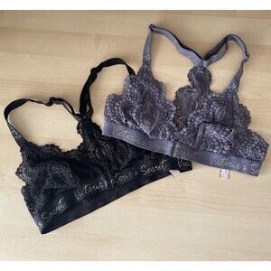 2 Victoria's Secret Racerback Front-Clasp Bra Size XS Black Lavender Lace Bundle